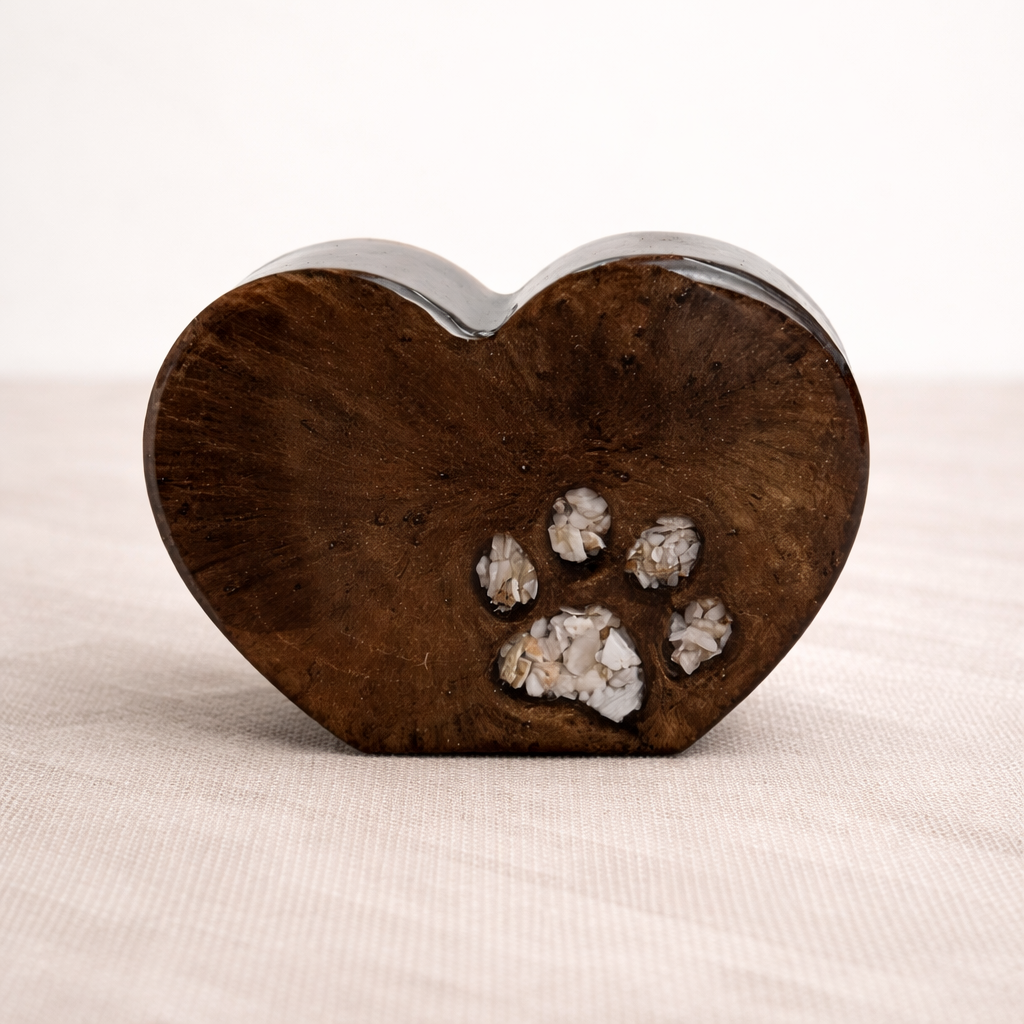 Handgemaakt epoxy herinneringshart met as, liefdevol verwerkt in een persoonlijke herinnering van hond, huisdier.